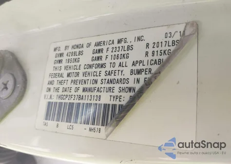 2011 Honda Accord 2.4 Lx из США, поврежденный, VIN 1HGCP2F37BA113139